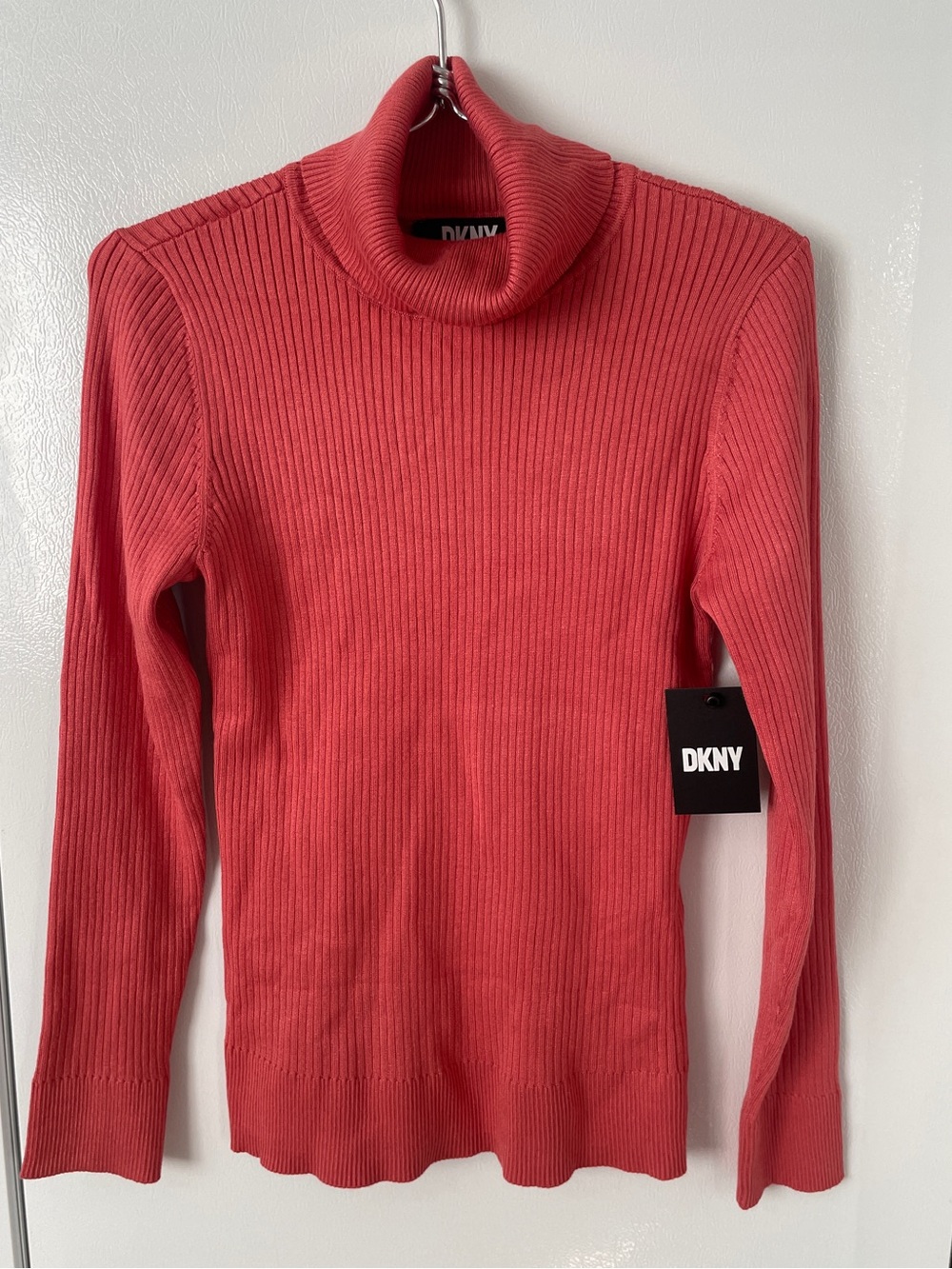 DKNY Ribbed Long-Sleeve Turtleneck in Coral